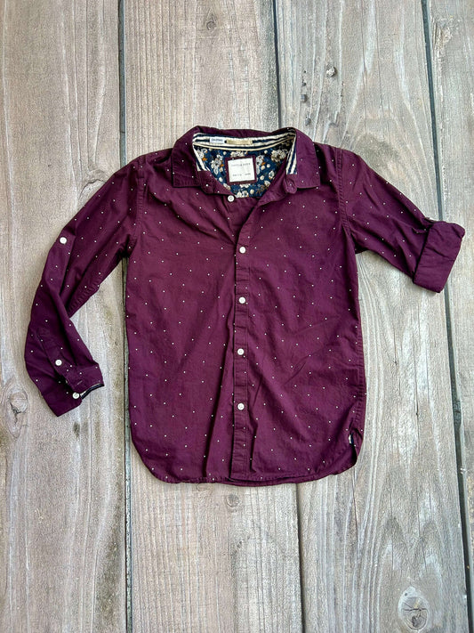 Cactus Boys size 11/12 boys button up dress shirt, dark burgundy with small white dots, like new, Kids 12 & 14 (large)