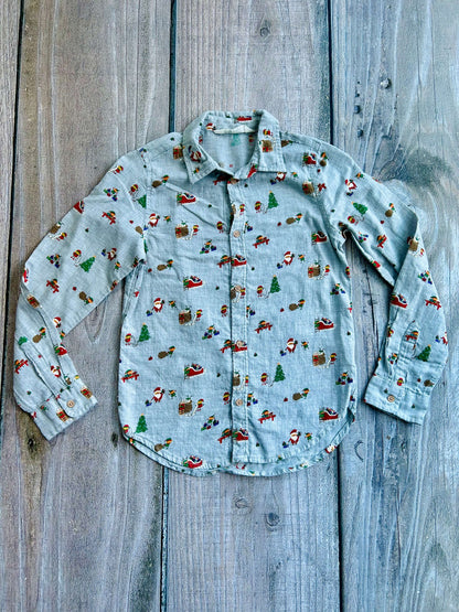 H&M size 9-10yrs boys light grey Christmas themed holiday button up dress shirt, cotton linen, like new, Kids 10 (medium)