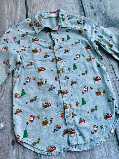 H&M size 9-10yrs boys light grey Christmas themed holiday button up dress shirt, cotton linen, like new, Kids 10 (medium)