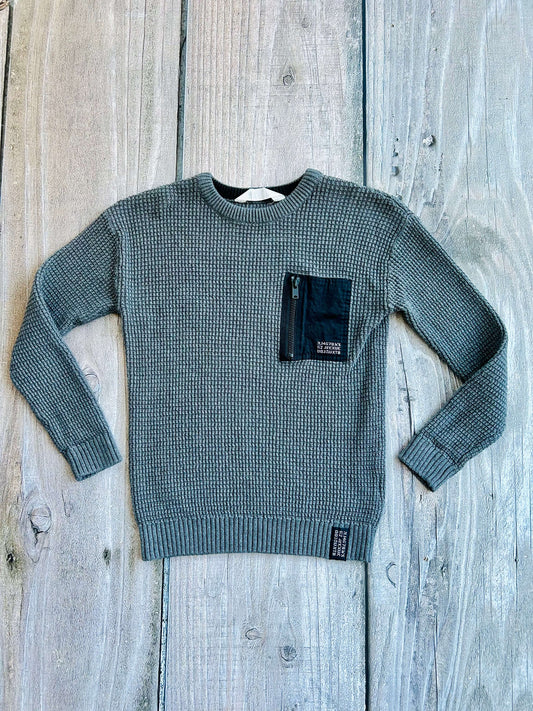 H&M size 8-10yrs boys dark grey black waffle knit sweater with pocket, sweater top, like new, Kids 10 (medium)