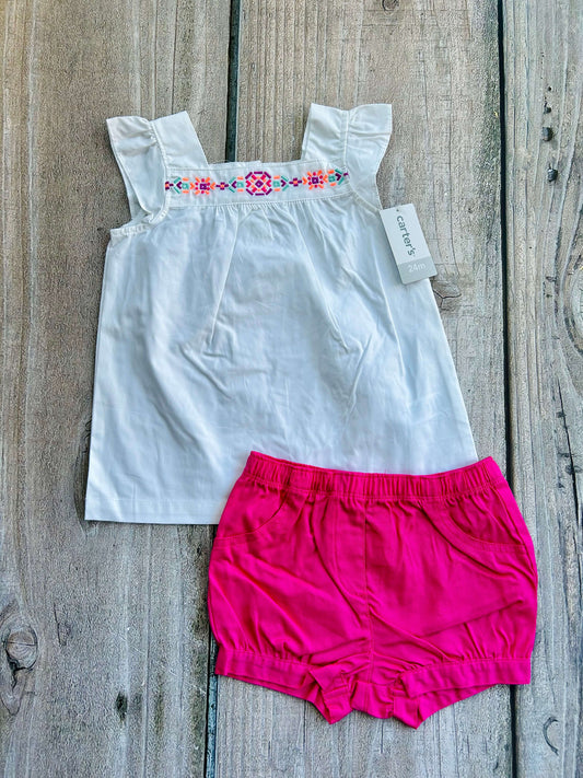 Carter’s size 24m girls embroidered blouse top and pink shorts set, summer outfit, new with tags, Kids 24 Month (18-24M)