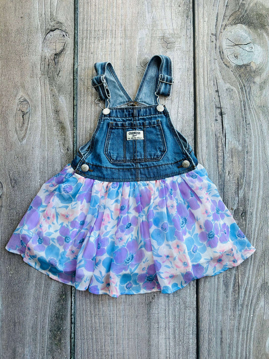 Osh Kosh size 3T girls denim floral dress overalls, chiffon floral skirt, dress coveralls , Kids 3T
