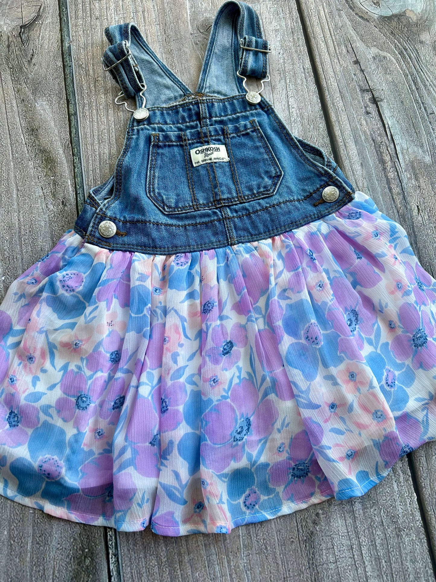 Osh Kosh size 3T girls denim floral dress overalls, chiffon floral skirt, dress coveralls , Kids 3T