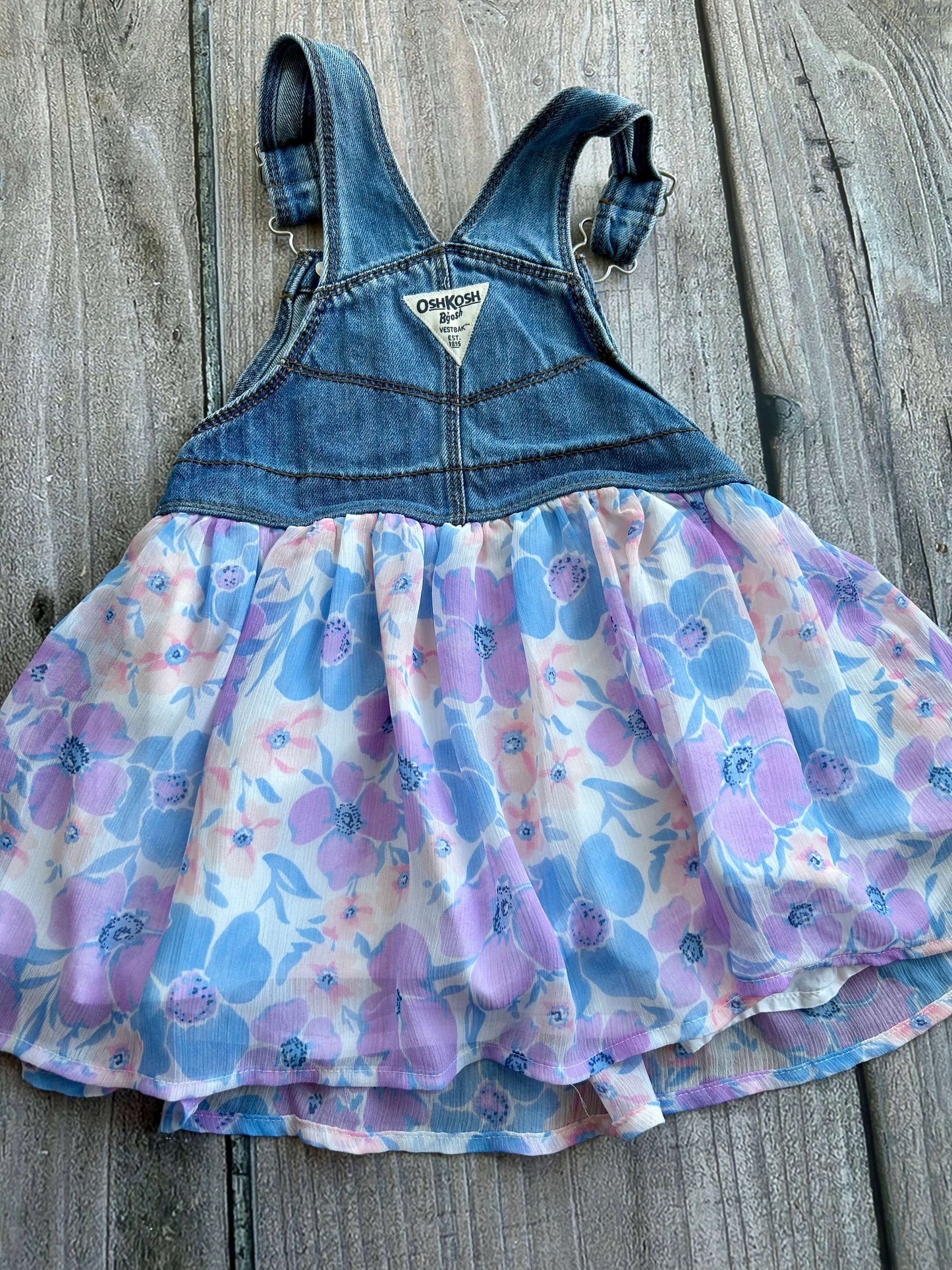 Osh Kosh size 3T girls denim floral dress overalls, chiffon floral skirt, dress coveralls , Kids 3T
