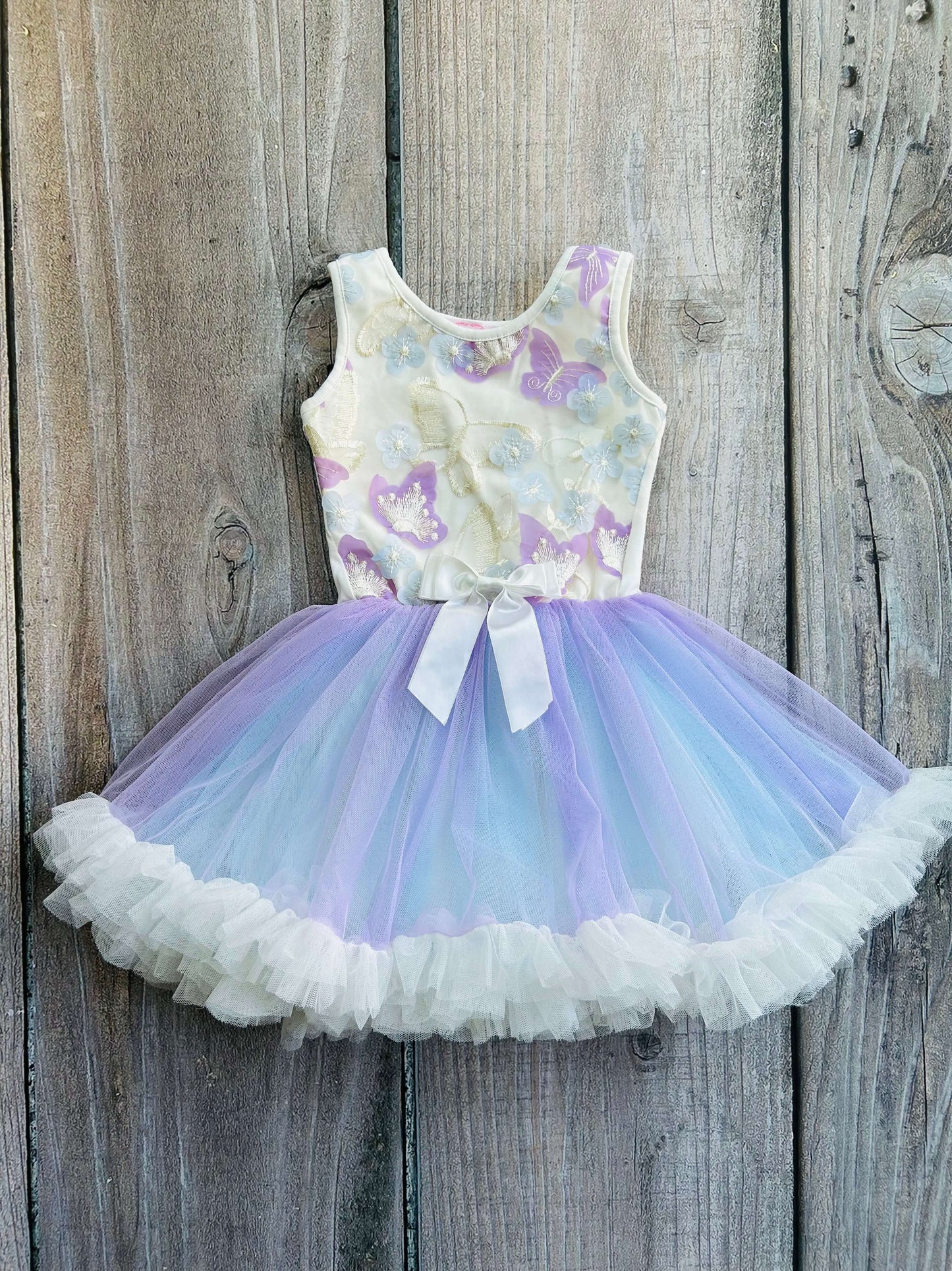 Popatu size 2/3 girls lavender blue tulle fancy dress with tulle butterflies appliqués, like new, Kids 3T