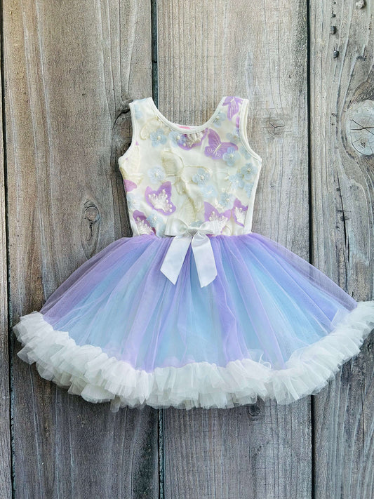 Popatu size 2/3 girls lavender blue tulle fancy dress with tulle butterflies appliqués, like new, Kids 3T