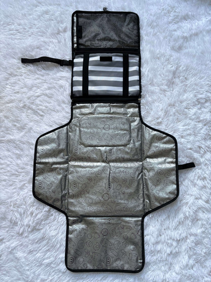 Portable Diaper Change Mat, grey and white stripes