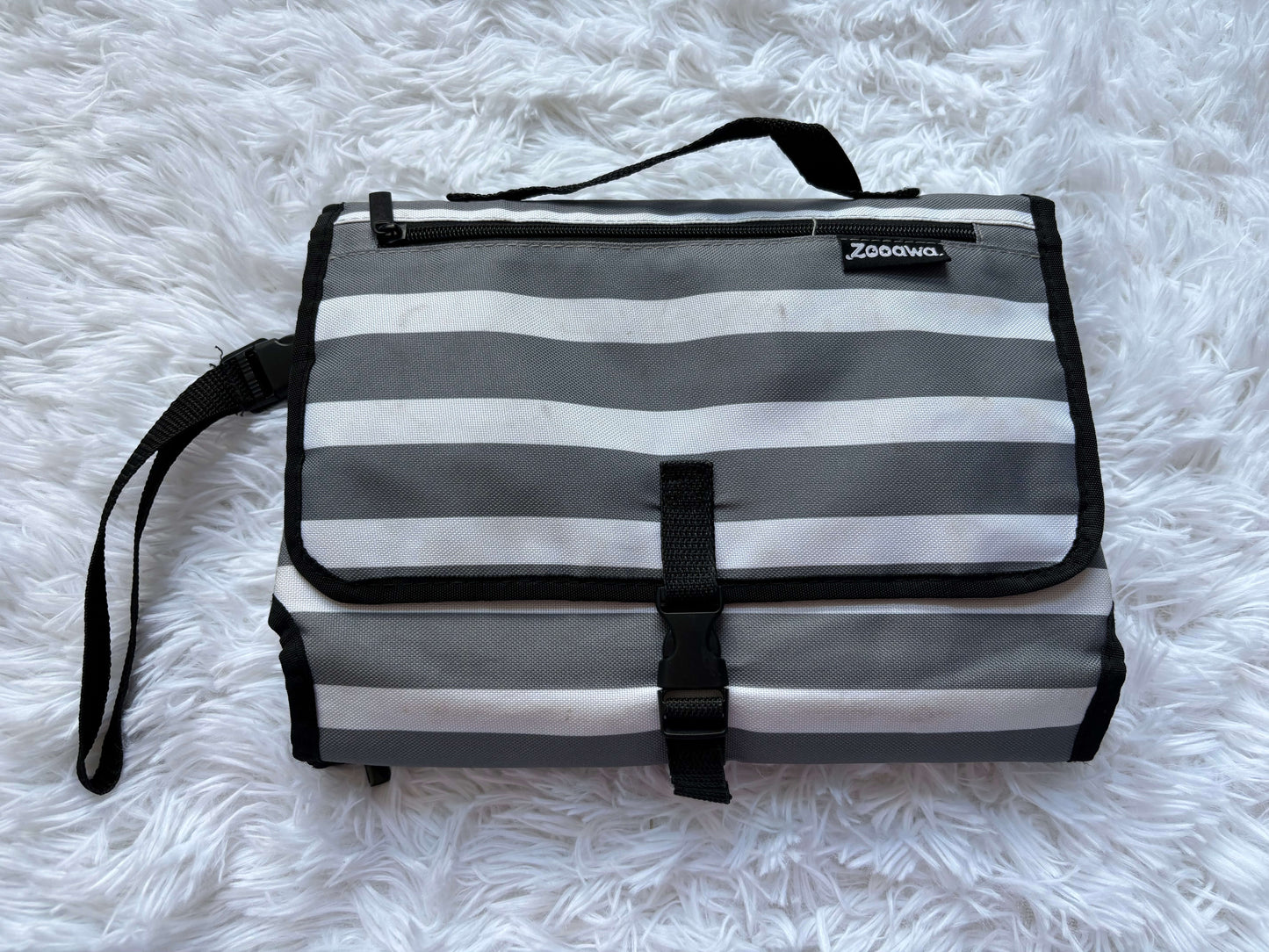 Portable Diaper Change Mat, grey and white stripes