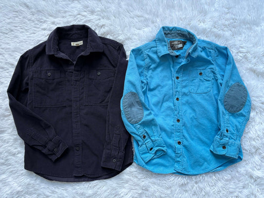 2 corduroy button-up shirts, navy and blue, size 7, Kids 7 & 8 (small)