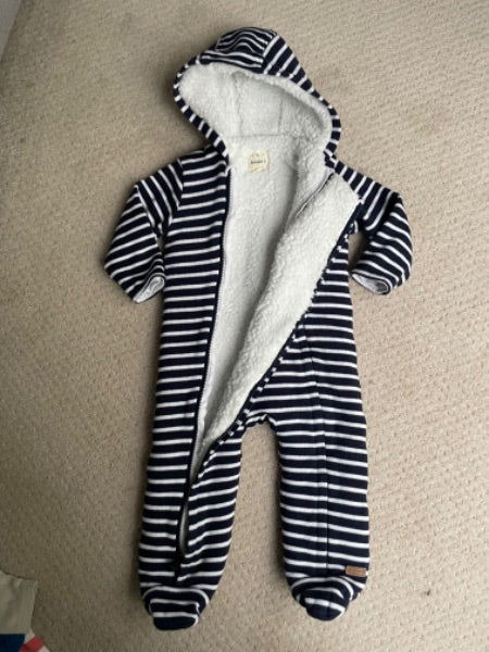 Junior J, navy and white stripe snowsuit, 12-18 months