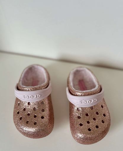 Crocs Size 8 Toddler Girls Fuzz Lined, Pink Glitter , Shoes 8 (Toddler:2-4yr)