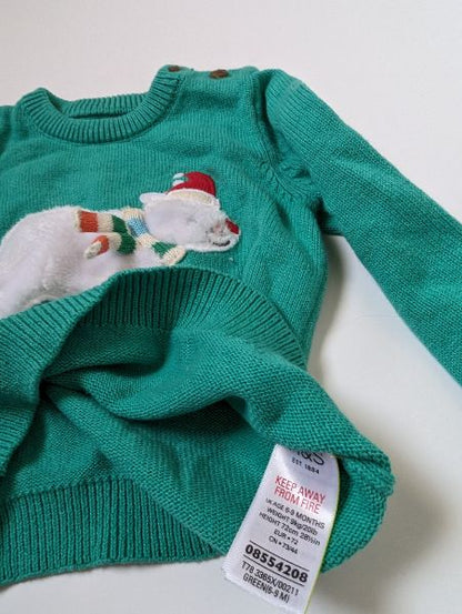 M&s winter green polar bear sweater , Kids 9 Month (6-9M)