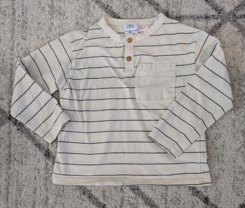 Zara, Beige & Black Striped Henley Shirt, Size 4/5, Kids 4/4T