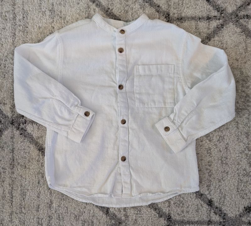 Zara, White Woven Collarless Button Down Shirt, Size 4/5, Kids 4/4T