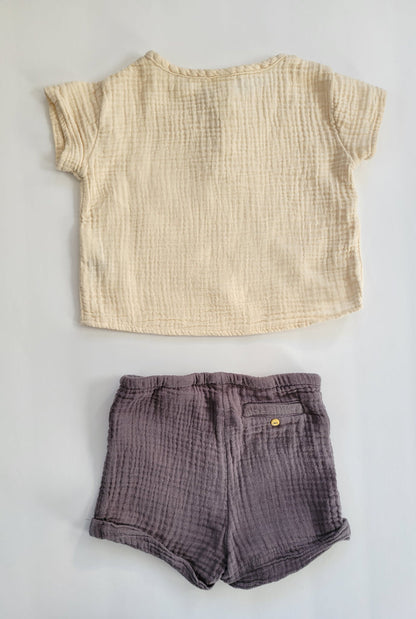 H&M, Textured-weave henley and short set, 6-9 months, EUC, Kids 9 Month (6-9M)