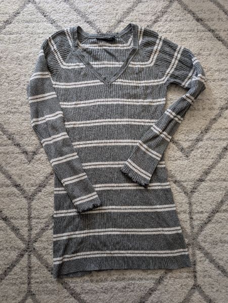 Stork and Babe, Grey & White Striped Sweater, Medium, Maternity M (8-10)