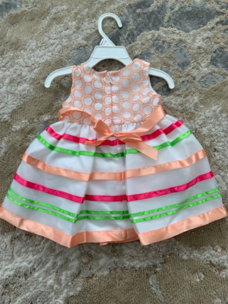 Iris &ivy size 6-9 m white organza  with peach design & multi color stripes, Kids 9 Month (6-9M)