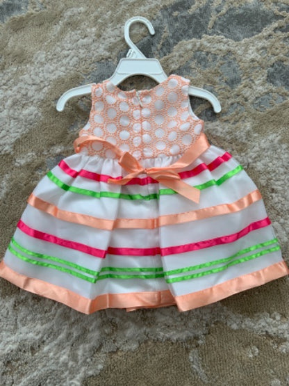 Iris &ivy size 6-9 m white organza  with peach design & multi color stripes, Kids 9 Month (6-9M)