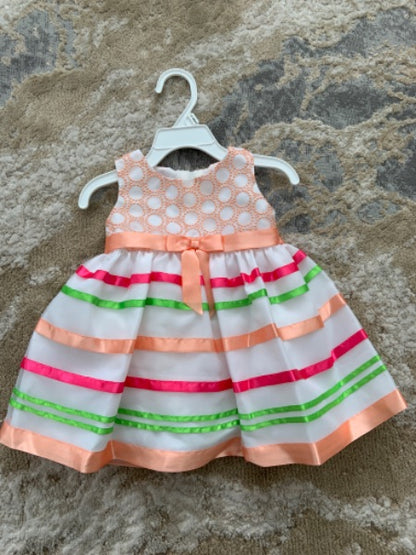 Iris &ivy size 6-9 m white organza  with peach design & multi color stripes, Kids 9 Month (6-9M)