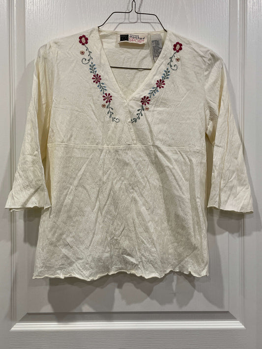 Tomorrow’s Mother, Cream colour, Maternity V-Neck Top with floral embroidery, 3/4 sleeves, size Small, VGUC, Maternity S (4-6)