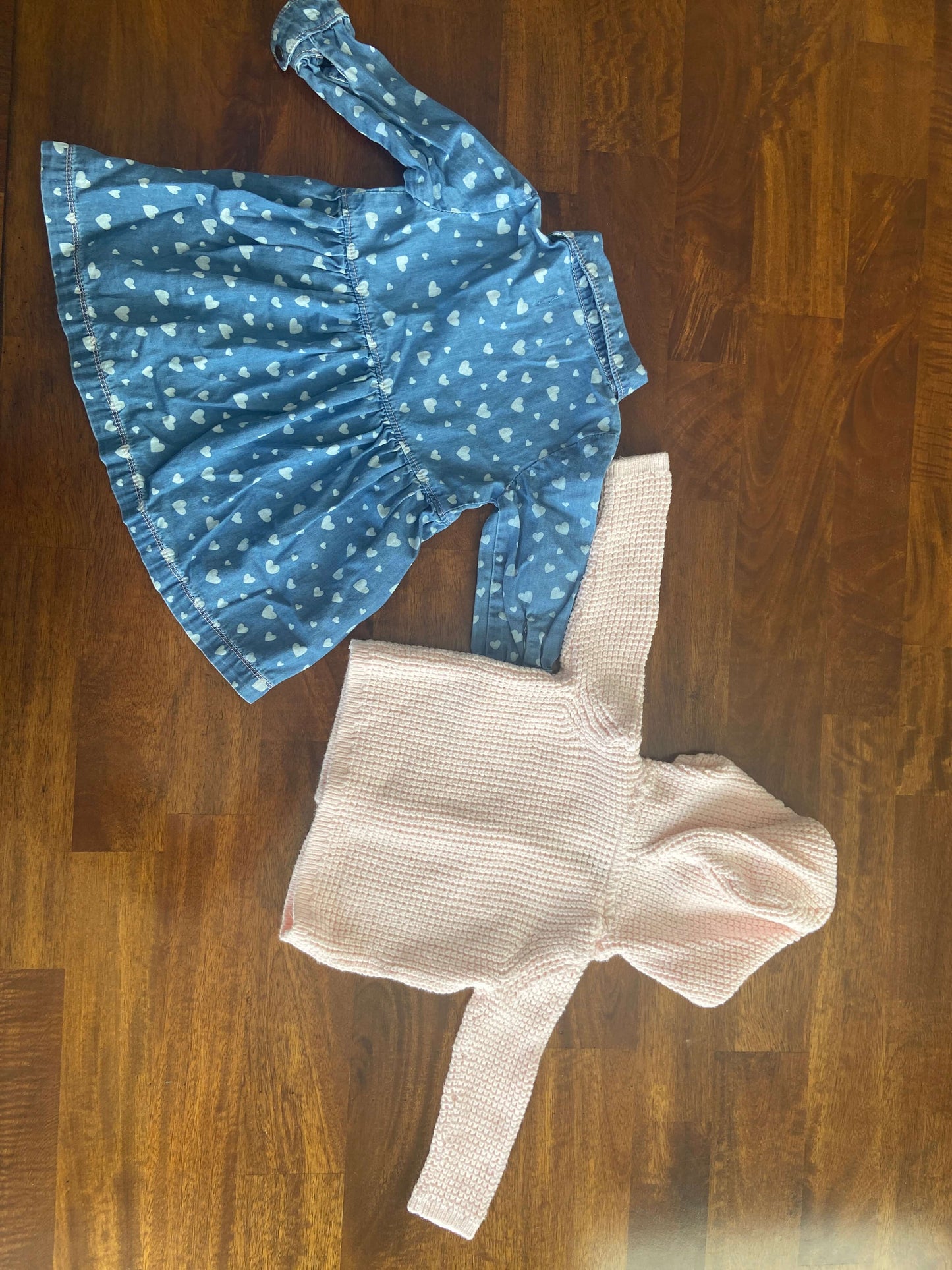 Denim dress and pink knit sweater outfit 6 months, Kids 6 Month (3-6M)