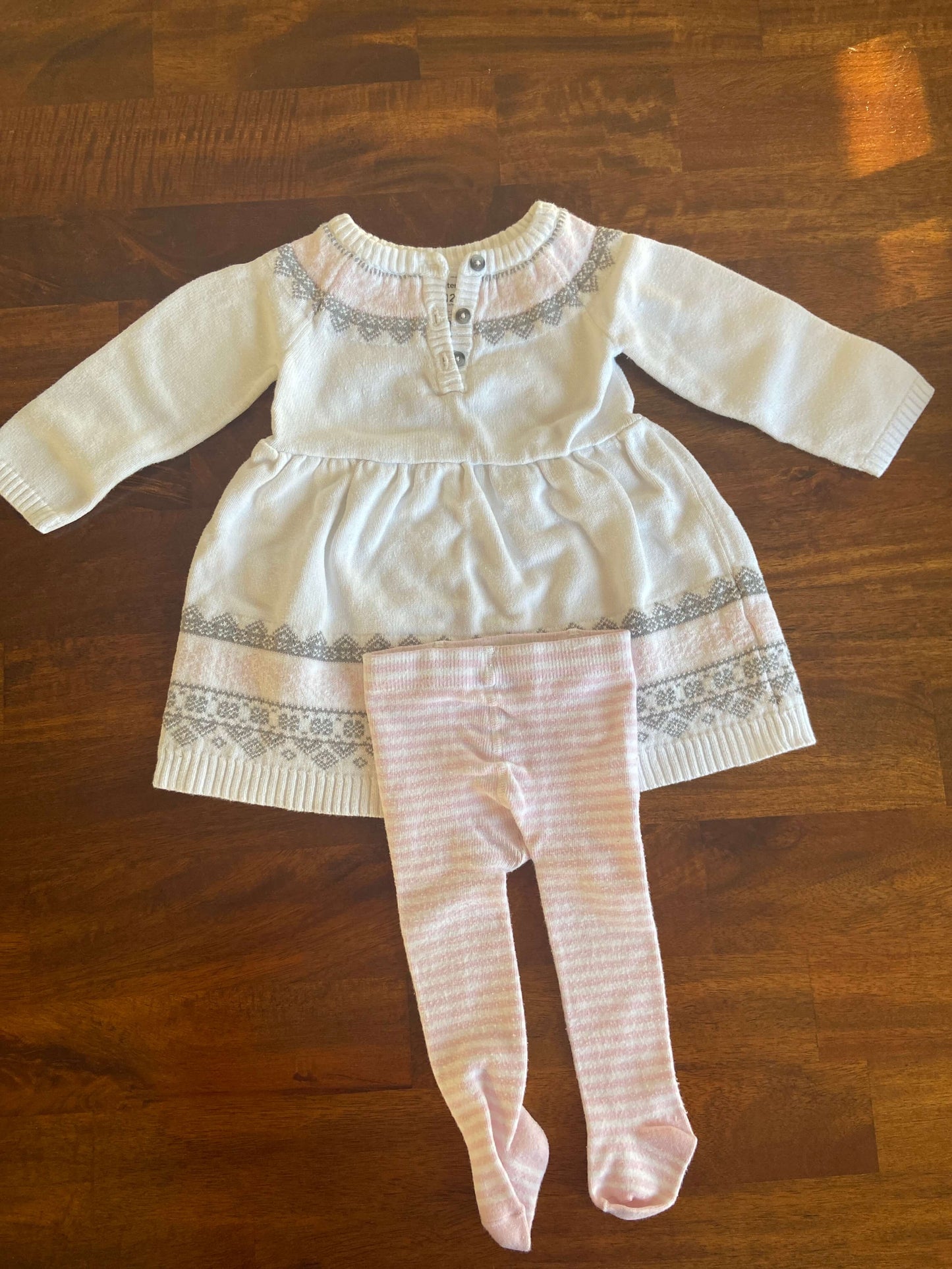 White Carter’s Dress with pink striped tights, Kids 12 Month (9-12M)