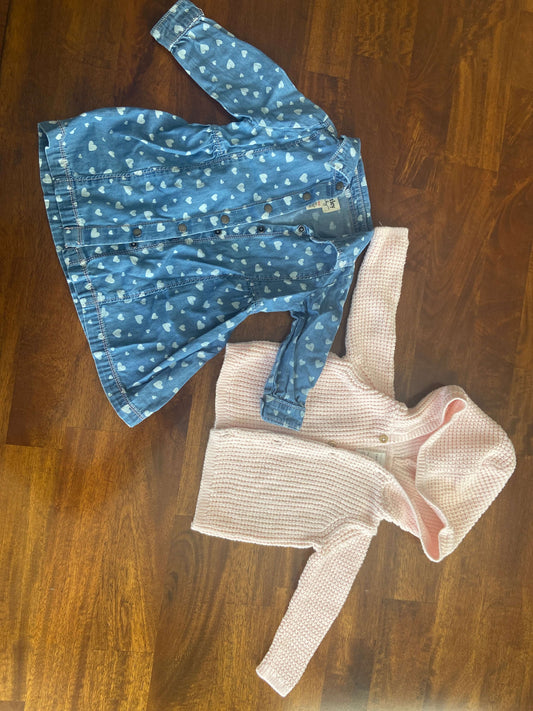 Denim dress and pink knit sweater outfit 6 months, Kids 6 Month (3-6M)