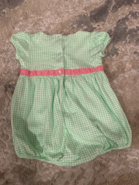Ralph Lauren size 18 m light green square patterns romper with pink bow , Kids 18 Month (12-18M)