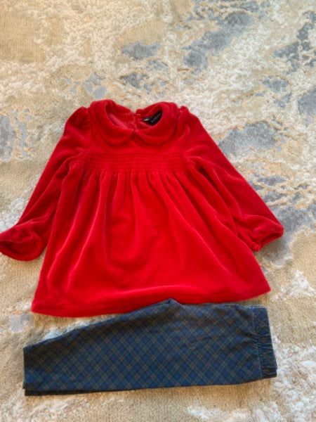 Ralph Lauren size24 m  red velvet long sleeve shirt with multicolor leggings , Kids 24 Month (18-24M)