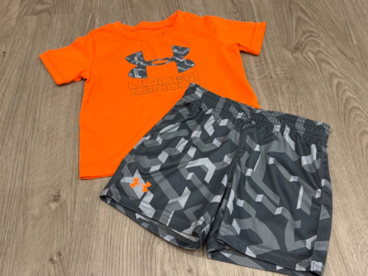 EUC, Under Armour short set (Orange/Grey), size 18mos, Kids 18 Month (12-18M)