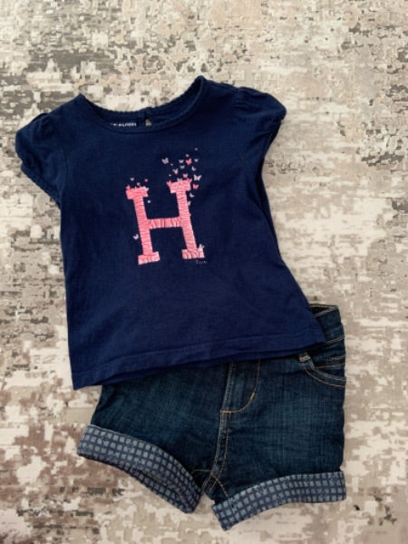 Tommy Hilfiger size 18 m Navy shirt with dark wash blue jeans short , Kids 18 Month (12-18M)