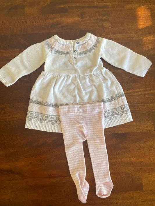 White Carter’s Dress with pink striped tights, Kids 12 Month (9-12M)
