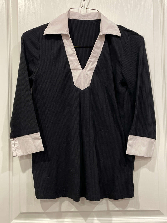 Maternity top, Black Ribbed 3/4 sleeve shirt with white dress collar, size Small, VGUC, Maternity S (4-6)