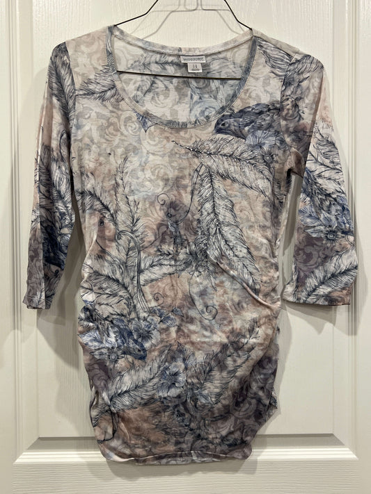 Motherhood Maternity 3/4 length sleeve, bird/feather top, neutral colours, VGUC, Maternity M (8-10)