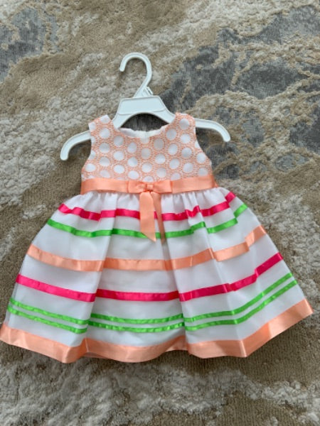 Iris &ivy size 6-9 m white organza  with peach design & multi color stripes, Kids 9 Month (6-9M)