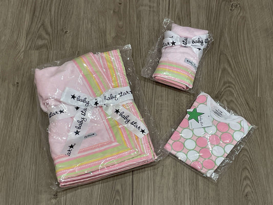 BNIP, Baby Girl Gift Set: Blanket, mini comfort blankie & baby shirt (size 6-12mos), Baby Star brand, MSRP: $60