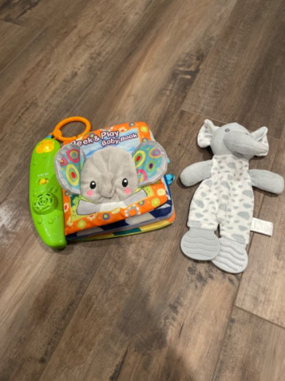 Musical fabric book and elephant teether