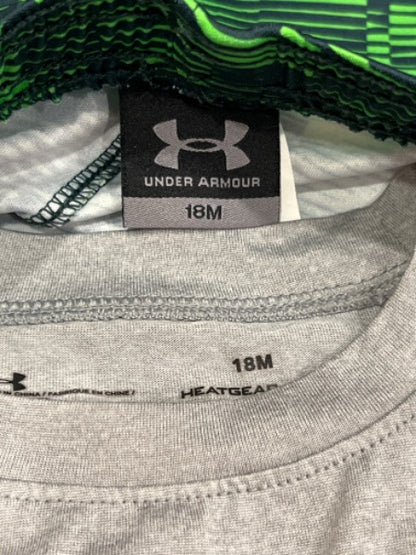 Under Armour short set (Grey/Green), size 18mos, EUC, Kids 18 Month (12-18M)