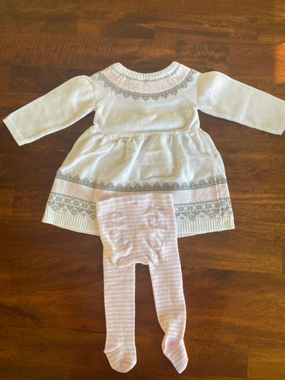 White Carter’s Dress with pink striped tights, Kids 12 Month (9-12M)