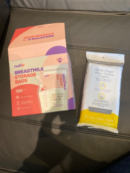 Medela sanitizing wipes and Nulie Breastmilk storage bags