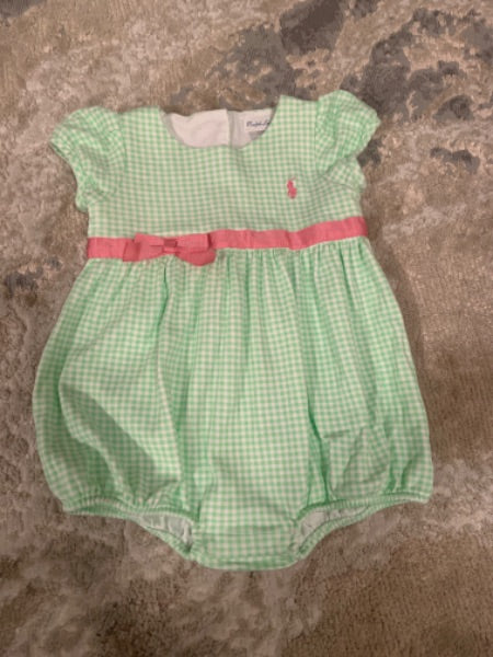 Ralph Lauren size 18 m light green square patterns romper with pink bow , Kids 18 Month (12-18M)