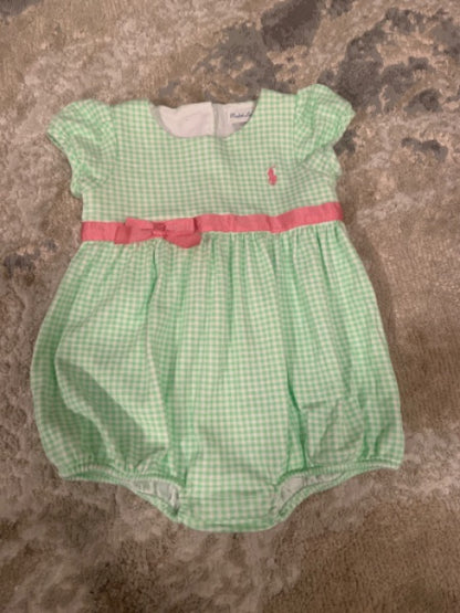 Ralph Lauren size 18 m light green square patterns romper with pink bow , Kids 18 Month (12-18M)
