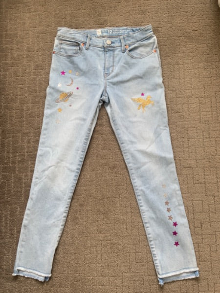 Gap size 12 super skinny ankle light blue wash jeans with sparkly unicorn & stars