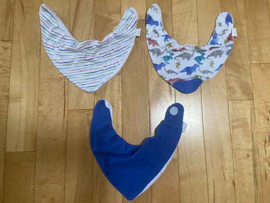 Velcro Cloth Bandana-Like Bib 3-Pack, Dinosaurs, Stripes, Blue, Neat Solutions